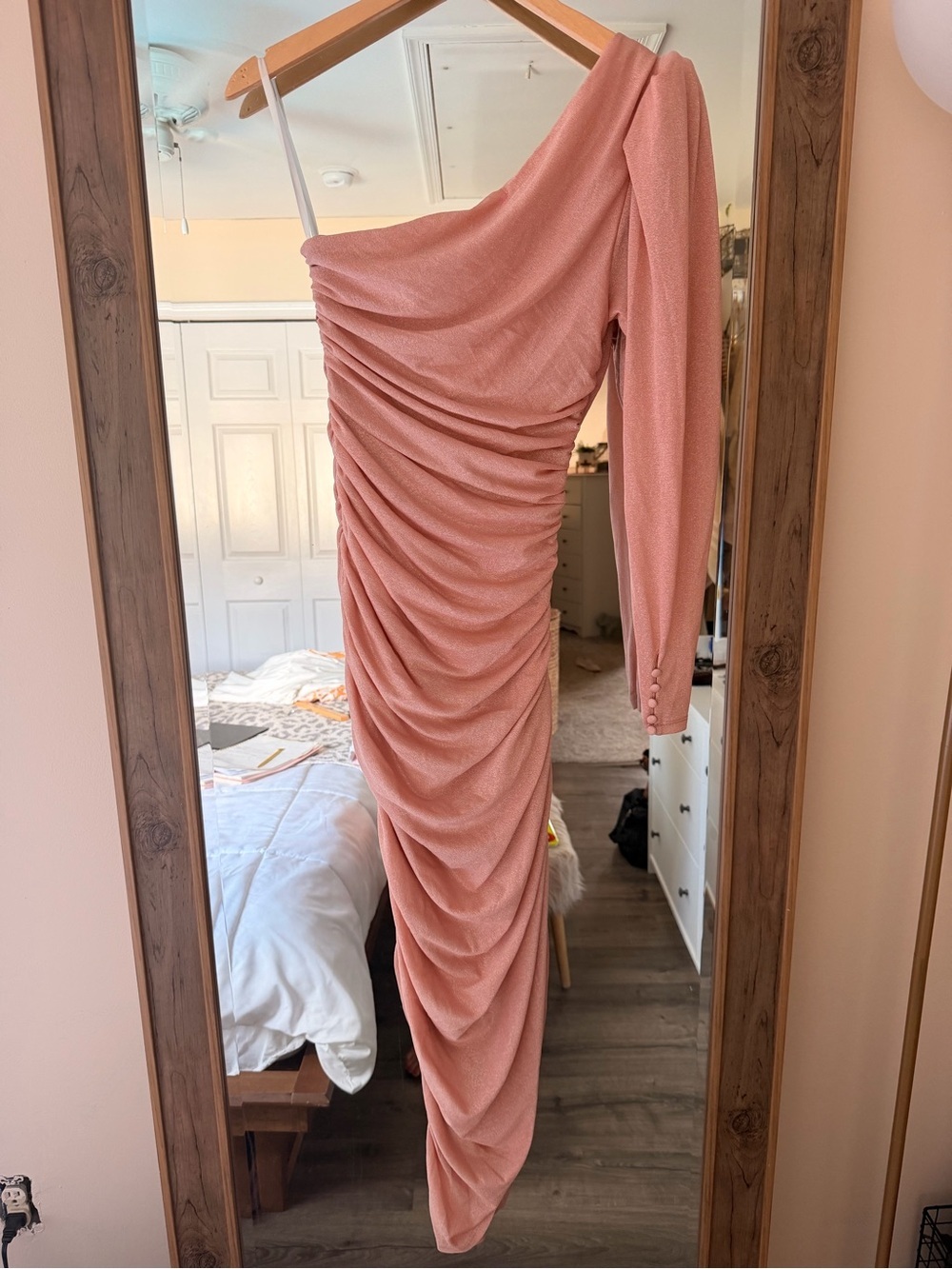 LPA Roksana One-Shoulder Ruched Metallic Pink Evening Dress - Picture 9 of 9
